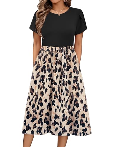 Zeagoo Damen Kleid Sommer Floral Rundhals Strandkleid Casual Kurzarm Kleider A Linie Tunika Midikleid mit Taschen Elegant Knielanges Kleid Florala S