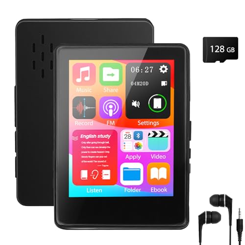 Aroeally 128GB MP3 Player mit Bluetooth, 2,4 Zoll Touchscreen, Digitaler Musik Player mit FM Radio, HiFi Audio, Sprachaufnahme, Video & E-Book Wiedergabe, Kopfhörer inklusive