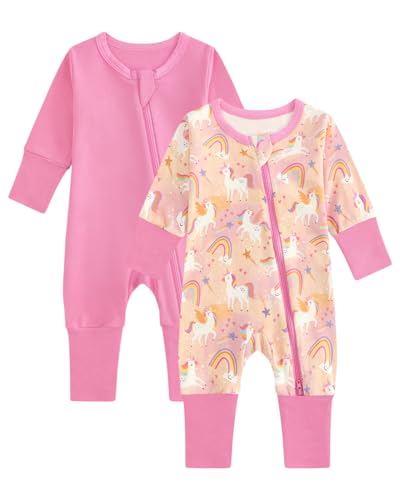 WYTbaby 2er Pack Baby Schlafanzug für Jungen und Mädchen, Baumwolle Kleinkind Strampler mit Reißverschluss und Umklappbaren Fäustlingen Babykleidung 0-3 Monate