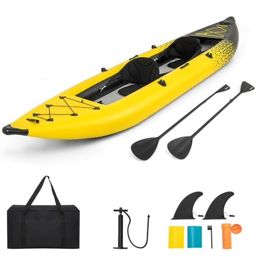 HOMASIS Kajak Aufblasbar für 2 Personen, Schlauchboot mit 2 Aluminiumpaddel & 2 Flossen, verstellbare Sitze & Fußstützen, Kanu mit Tragetasche, Pumpe & Reparaturset, bis 230 kg belastbar (Gelb)