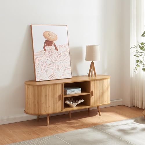 [en.casa] Kommode Nordkapp Sideboard mit 2 Schiebetüren Bambus Kommodenschrank mit Stauraum Wohnzimmerschrank Holzfüße 140 x 40 x 56 cm