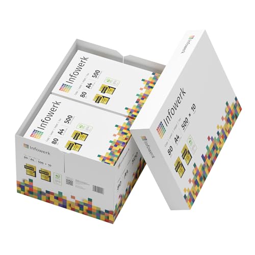 Infowerk Druckerpapier Kopierpapier 5000 Blatt 10 x 500 A4 80g Premium Hochweiß CIE 160 Testsieger PEFC Umweltzertifikat