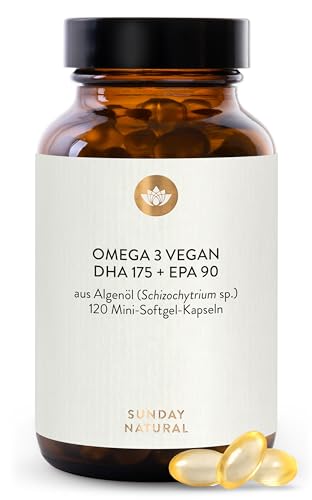 SUNDAY NATURAL® Omega 3 Vegan - 120 Softgel Kapseln - 1.000 mg Algenöl pro Tagesdosis: 350 mg DHA und 180 mg EPA - Leicht schluckbare Omega 3 Kapseln - Laborgeprüft