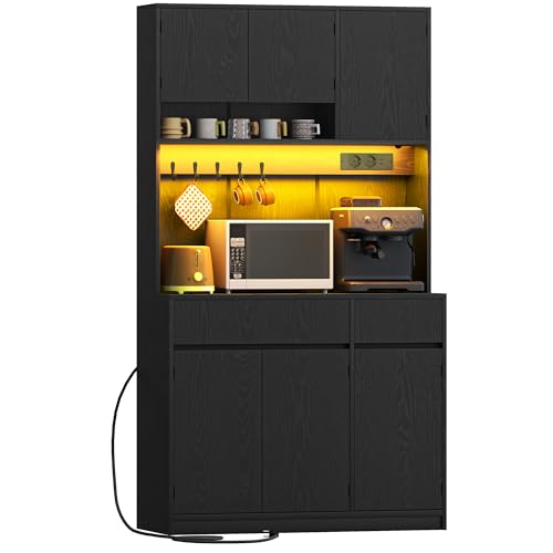 Hzuaneri küchenschrank, Buffetschrank, Hochschrank mit Steckdosen und Led-Lichtleisten, mit Arbeitsplatten und 2 Schubladen, Verstellbare Einlegeböden, Küche, 40 x 100 x 180 cm, Schwarz, PT00204XEU