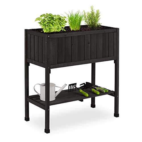 Relaxdays Hochbeet, Folie, Ablage, HxBxT: 80 x 74 x 38 cm, Garten, Balkon & Terrasse, Pflanztisch, Tannenholz, schwarz
