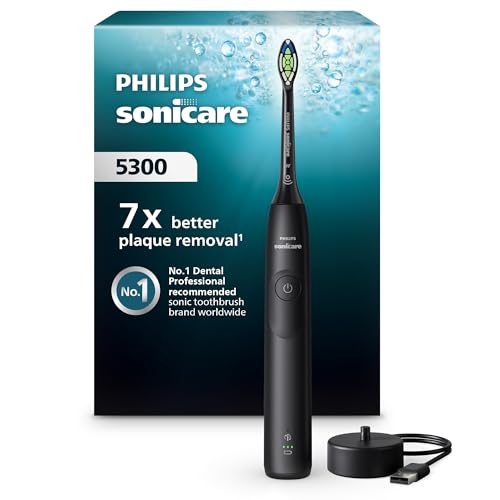 Philips Sonicare 5300 elektrische Zahnbürste, Schallzahnbürste mit 2 Intensitätsstufen, Andruckkontrolle, EasyStart, Smartimer und BrushPacer, Schwarz, Modell HX7101/01 [Neue Technologie]