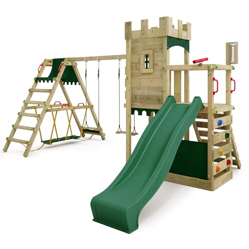 FATMOOSE Spielturm Ritterburg BoldBaron Boost XXL mit SurfSwing, Schaukel & grüner Rutsche, Outdoor Kinder Kletterturm mit Sandkasten Leiter & Spiel-Zubehör für den Garten