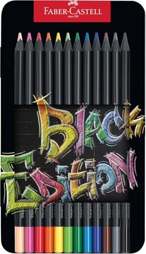 Faber-Castell 116413 Black Edition Buntstifte 12er Metallbox, Lebendige Buntstifte, Bruchsichere Kunststifte mit ergonomischem Griff, Malstifte für helles und dunkles Papier