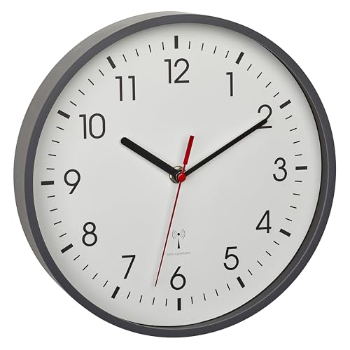 TFA Dostmann Analoge Funk-Wanduhr, 60.3550.10, Höchste Genauigkeit, stilvoll, analog, Glasabdeckung, für Büro, zu Hause, Geschenk, 245 x 245 x 42 mm, grau