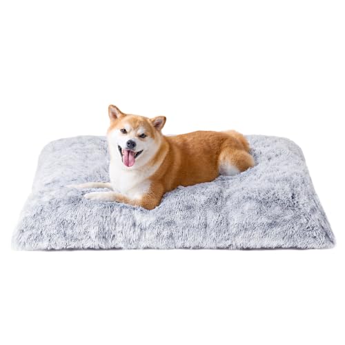 EHEYCIGA Flauschiges Hundebett Mittelgroße Hunde Waschbar, 90x60cm, Grau | Kuscheliger Langflor Plüsch Hundekissen, Rutschfeste Unterseite, für Kiste & Boden