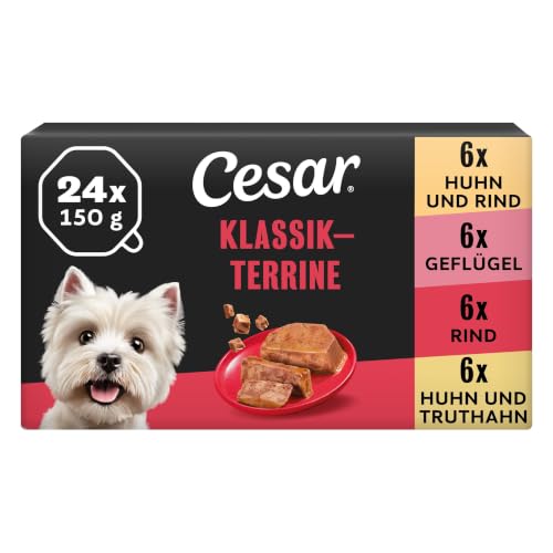 Cesar Klassik-Terrine Adult Multipack 24 x 150g Schale Stückchen in Pastete mit Rind & Leber/Huhn & Truthahn/Geflügel/Huhn & Rind