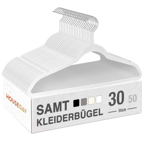 HOUSE DAY Kleiderbügel Samt 30er Set, Kleiderbügel Platzsparend, Bügel rutschfest und Samtbügel Schmal mit 360° Drehbarer Haken, für Hemden, Anzüge, Mäntel, Pullover, Hosen, Weiß