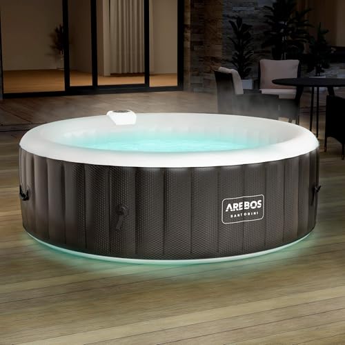 Arebos Whirlpool | automatisch aufblasbar | In & Outdoor | 6 Personen | ⌀ 208 cm | LED Leuchtband | 130 Massagedüsen | 1000 Liter | Inkl. Abdeckung | Bubble Spa & Wellness Massage