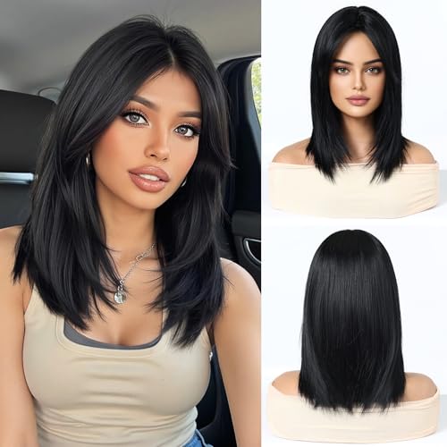Esmee Kurze Glatte Schwarze Bob Perücken Mit Vorhangpony Schulterlange Natürliche Perücke Synthetik Alltags Party Cosplay Perücken für Frauen