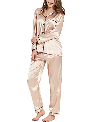 SWOMOG Satin Damen Schlafanzug mit Knopfleiste Langarm Nachtwäsche Pyjamas Set Zweiteiliger Nachtwäsche Hausanzug Champagner