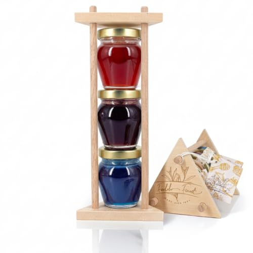 FOODOKO FINEST – Honig Geschenkset 3×110g – Akazienhonig mit Blaubeere, Spirulina & Erdbeere – Cremig,fruchtig & natürlich – Edles Feinkost Geschenk im Holzgestell – Perfekt als Probierset