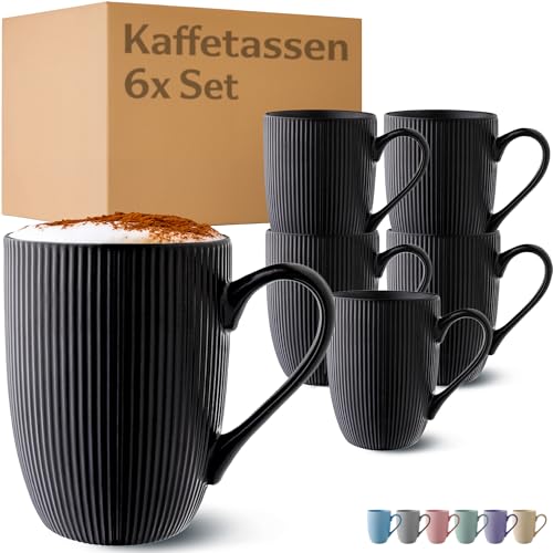 Cosumy Kaffeetassen 6er Set in Schwarz Matt 350ml - Einzigartiges Streifenmuster - Keramik - Mikrowellenfest - Spülmaschinenfest & Komfortabler Griff - Schwarze Tassen - Modern