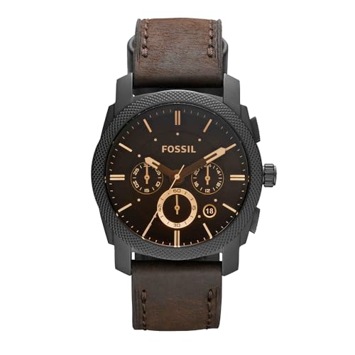 Fossil Machine uhr für Herren, Chronographenwerk mit Edelstahl- oder Lederarmband, Schwarz und Braun, 42MM