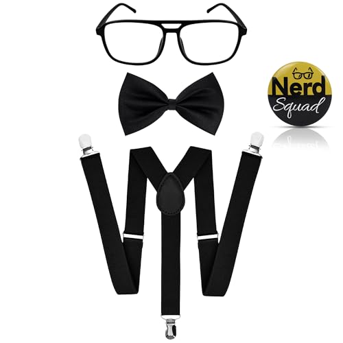 Yezmo 4 Stück Nerd Set für Kostüme, Verkleidungsset Nerd Schwarze Hosenträger Fliege Nerd-Brille und Abzeichen für Männer für Karneval Mottoparty