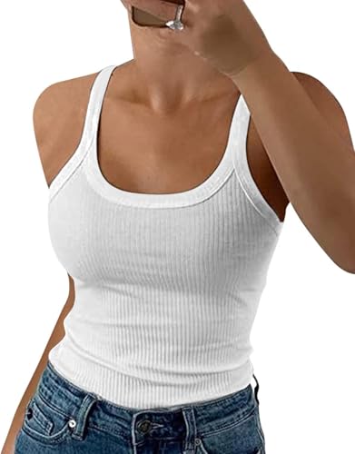 DUOEASE Top Damen Basic Weiß U-Ausschnitt Gerippt Spaghettiträger Top 2025 Slim Fit Tank Top Sommer-Weiß-L