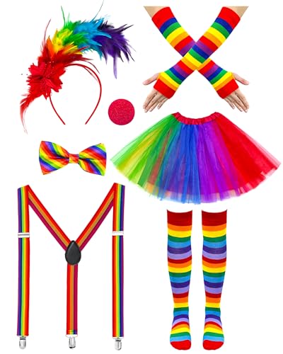 Yezmo Karneval Regenbogen Kostüm Clown Kostüm Damen, Regenbogen-Tutu-Rock Zirkusclown Gestreifte Mit Feder Haarreif Riemen Kniestrümpfe Beinwärmern Mit Riemen Für Mottoparty