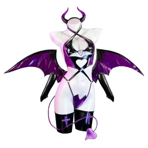 KORURACLUB Succubus Cosplay Damen(6-teiliges Set) Lila Anime Cosplay Dessous Damen PU Kostüm Upgrade Succubus Lingerie Sexy Outfit(XL)