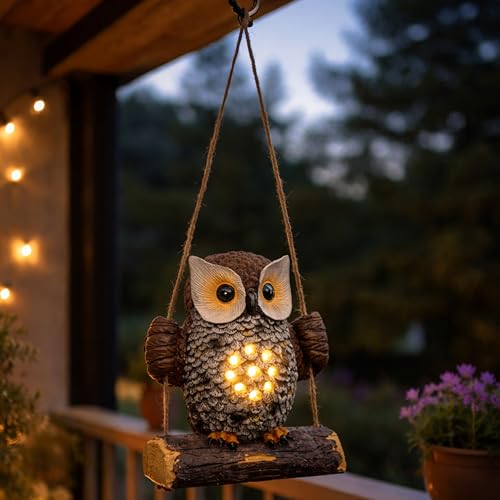 Spetebo Solar Gartenfigur Eule auf Schaukel zum Hängen - 17 x 14 cm - Eulenfigur warm weiß beleuchtet wasserfest für Außen - Solarlampe Dekofigur Tier Figur Statue Deko Lampe Garten Beleuchtung