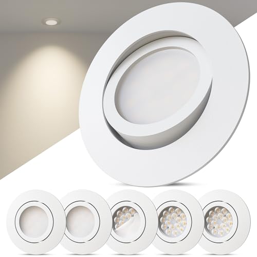 Scandinavian home 6er Set LED Einbaustrahler 230V Dimmbar - LED Spots 230V Warmweiß 3000K, 470 lm, CRI 90+, 68mm Lochmaß - IP44 Badezimmer Geeignet - Deckenspots Weiß-Matt, Schwenkbar