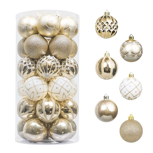 Valery Madelyn Weihnachtskugeln 30 TLG. 6cm Christbaumkugeln Weihnachtsbaumschmuck Bruchsicher Plastik Weihnachten Deko mit Anhänger für Party Weihnachtsdeko Elegant Thema Weiß Gold