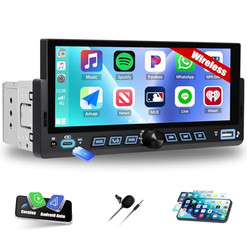 CAMECHO Autoradio 1 Din Wireless Carplay Android Auto Bluetooth 5.2 Radio mit 6.86 Zoll LCD Touchscreen HD Bildschirm mit Mirror Link Lenkradsteuerung +USB Typ-c Anschlüsse