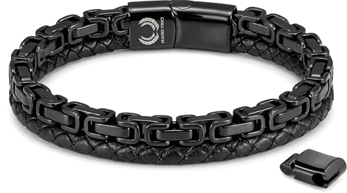 Mauro Vinci Schwarzes Herrenarmband aus Leder/Schwarzes Gliederarmband aus Stahl Virto – 19,5 cm bis 21 cm verstellbar – Inklusive edler Verpackung