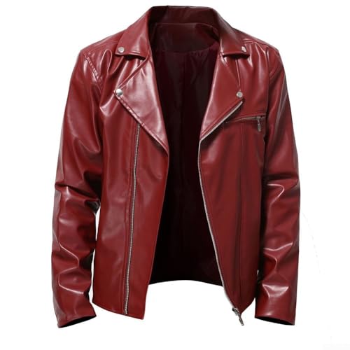 babominimer Herren-Vintage-PU-Lederjacke, Retro, lässig, schmale Motorradjacke, Pilotenjacke, Kunstledermantel, für Motorradfahren, Kostümpartys, Ausflüge, Reisen (L rot)