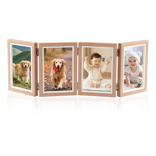 Bilderrahmen 4 Bilder, 10x15cm Fotorahmen für Mehrere Fotos, Holzbilderrahmen Aufklappbar, 3D Bilderrahmen Collage für Tischaufsteller oder Geschenke
