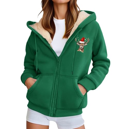 Fleecejacke Damen Weihnachtsdruck Hoodie Kapuzenpullover mit Zipper Warm Basic Sweatshirt Winterjacke Hooded Fleecepullover Plüschjacke Casual Jacke Kapuzenjacke Sweatjacke mit Kapuze Herbst/Winter