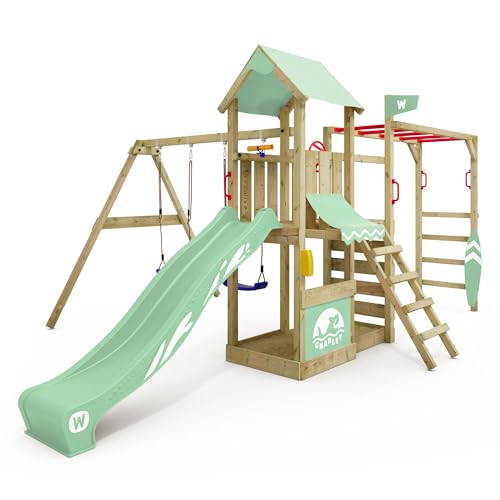 WICKEY Spielturm Klettergerüst Smart Baboon mit Schaukel & Rutsche, Outdoor Kinder Kletterturm mit Sandkasten, Leiter & Spiel-Zubehör für den Garten (Pastellgrün)