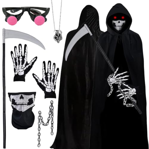 WENXUKHV Sensenmann Kostüm Set mit Sense & Maske & Kette & Handschuhe