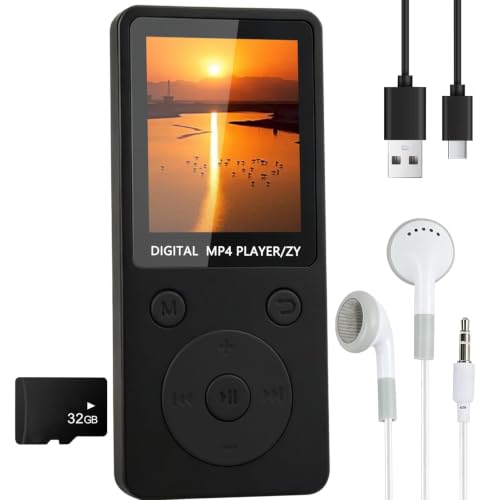 MP3 Player Bluetooth 5.3 mit 32 GB Speicher, MP3 Player mit Lautsprecher, 1,8 Zoll HiFi Music Player, FM Radio, Sprachaufnahme, bis zu 70 Std Akkulaufzeit, TF Karte bis 128 GB