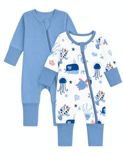 WYTbaby 2er Pack Baby Schlafanzug für Jungen und Mädchen, Baumwolle Kleinkind Strampler mit Reißverschluss und Umklappbaren Fäustlingen Babykleidung 0-3 Monate