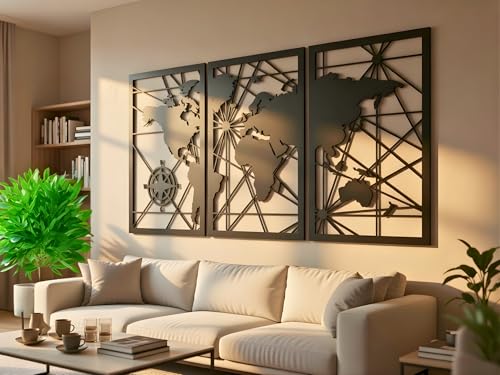 VAILLA ® Weltkarte Bilder, Karte Wand deko, Große 3er-Set Wanddekoration aus Holz,Wandbilder Home Wall Art Dekoration, Moderne Deko,3d Bilder für Schlafzimmer, Wohnzimmer, Büro (Weltkarte 1)