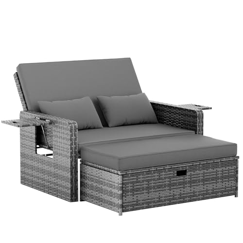 Amopatio Rattan Gartenlounge Outdoor Set, 2-Sitzer Gartensofa mit Verstellbarer Rückenlehne und Stauraum, Wetterfestes Lounge Möbel für Balkon und Terrasse, mit Hocker und Kissen, Grey