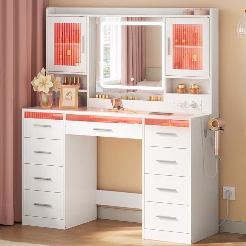 WOLTU Schminktisch mit RGB- und LED-Beleuchtung, großer Schminktisch mit transparenter Glasplatte, 9 unterteilten Fächern, Steckdose, 9 Schubladen, Spiegel, 2 Schränken, für Schlafzimmer, Weiß