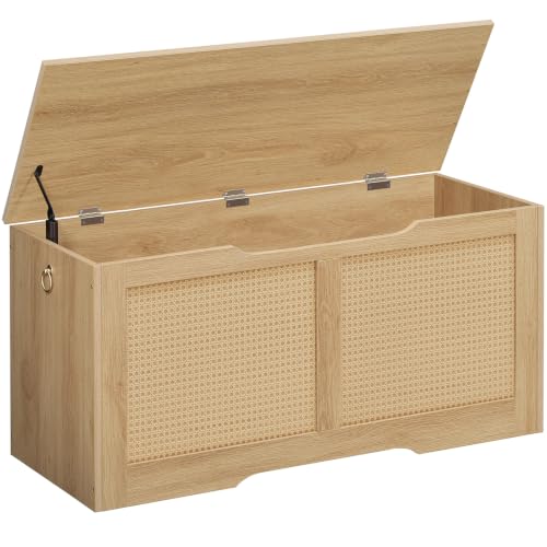 HOOBRO Truhen, Sitzbank mit Stauraum, Spielzeugkiste mit Deckel, 100 cm Rattan-Aufbewahrungstruhe mit Sicherheitsscharnier, Aufbewahrungsbox, für Kinderzimmer, Schlafzimmer, Natur ENL11CW01G1