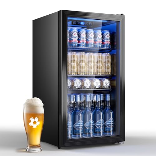 TRIUMPHKEY 90L Mini-Kühlschrank mit Glasfront (Glastür), Kompakter Getränkekühlschrank für bis zu 128 Dosen, mit verstellbaren Regalen für Bier, Wein, Soda, Ideal für Haushalt, Bar, Büro, Wohnung