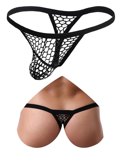 ohyeahlady Herren String Tanga Netz Slip Sexy Unterwäsche Große Größen Dessous Mesh Unterhose Transparent Thong T-Back Unterhose Elastizität G-String Low Rise Höschen Schwarz L