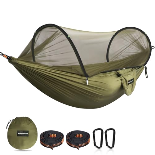 NATUREFUN Ultra-Light Reisecamping Hängematte Moskitonetz Hängematte | 300 kg Tragkraft, atmungsaktiv Schnelltrocknendes Fallschirm-Nylon | 2 Premium Karabiner, 2 Nylonschlingen inklusive