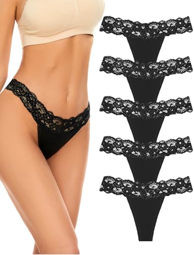 VOENXE Spitze String Tanga Damen Unterhosen,Nahtlos Unterwäsche Frauen Mehrpack,Seamless Invisible Lace Slip Panty,Ohne Naht Komfortabel Unterhose Underwear,Atmungsaktiv Thong,5 Pack Set