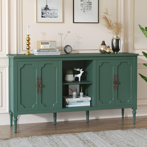 HOLTICO Kommode mit 4 Türen und Offenes Schrank, Vintage Akzent Sideboard Buffet Schrank Holz, Grün Kommoden & Sideboards für Wohnzimmer, Esszimmer, Küche
