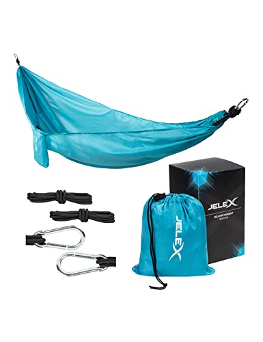 JELEX Relaxer Hangout Camping Outdoor Garten Hängematte 2,6 x 1,4 m, aus strapazierfähigem Material, belastbar bis 200 Kg. Inkl. reißfesten Seilen, Karabinerhaken und Aufbewahrungsbeutel
