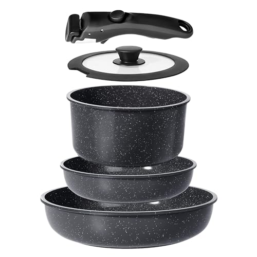 GiPP Keramik Topfset mit Abnehmbarer Griff, 5-Teilig Topf und Pfannenset mit Antihaft Beschichtet, Topfset Induktion Kochtopf Set, Backofenfest, für Alle Herdarten, PTFE/PFOA-frei, Schwarz