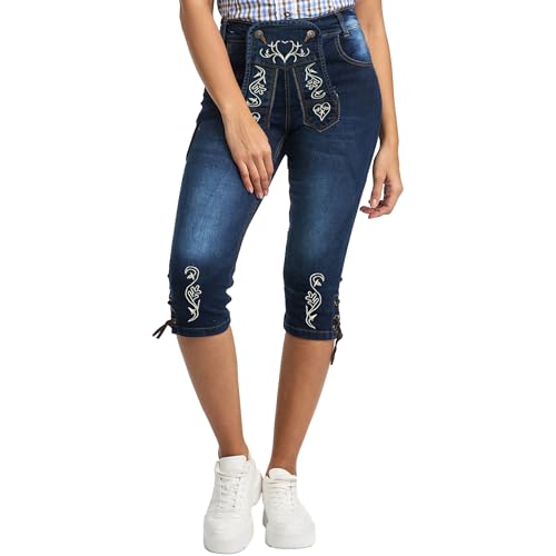 STEIGENHÖFER Trachtenjeans - Ida – Stretch Kniebund 3/4 Capri Hose im Lederhosen-Look – Trachten Jeans Kurze Hose Damen fürs Oktoberfest - Tracht Lederhose Damenjeans - Blau - 38